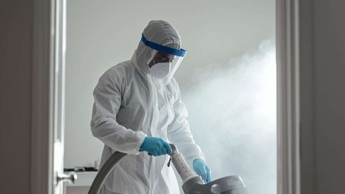 Technician in protective gear performing odor removal services in Johnson City with a vacuum machine.